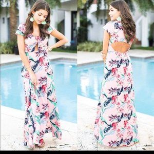 Tropical dress maxi floral cut out tie front